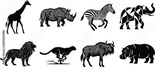 Foto Set of black and white African safari animal icons featuring giraffe, rhinoceros