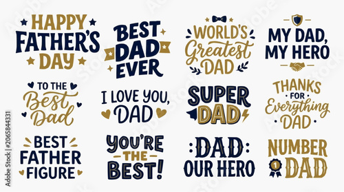 Colorful Father's Day celebration messages and quotes with gold and black typography vector illustration