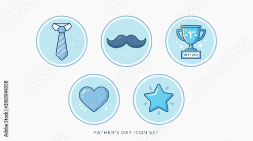 Father's Day Icon Set with Tie, Mustache, Trophy, Heart and Star
