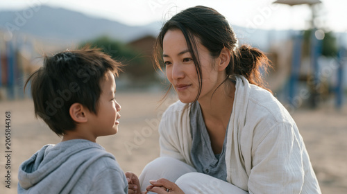 Mother crouching to eye level with her preschool-aged son at a playground, calmly holding his wrists and speaking to him after a meltdown, her steady and patient expression
