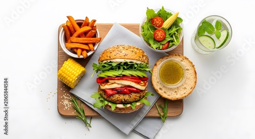 Healthy Vegetarian Burger Meal with Fries and Salad