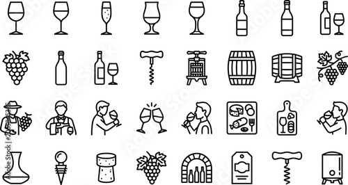 Foto Black line icons of wine and grapes