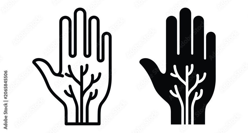 Fototapeta premium Human hand icon with vascular system veins and arteries tree branches anatomy medical symbol outline and solid black vector set
