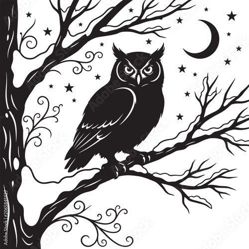 Owl On Tree Branch Night Vector Silhouette