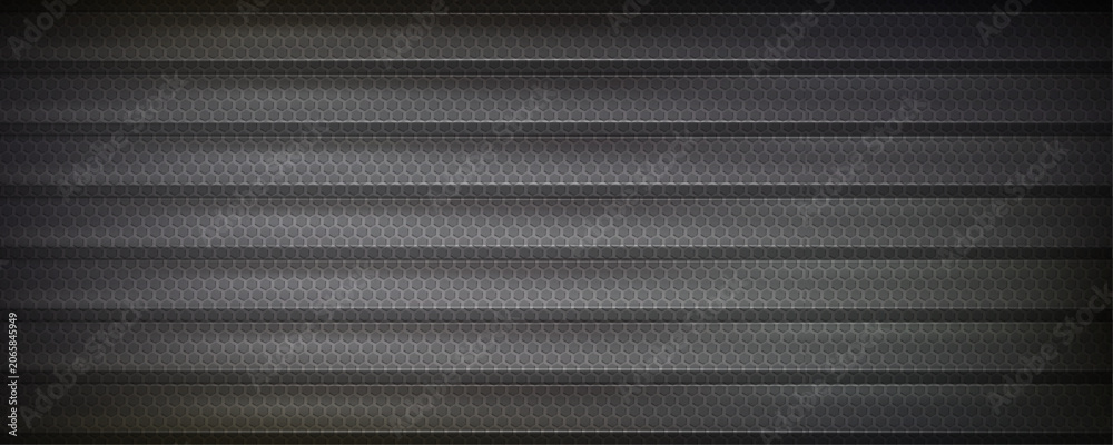 Fototapeta premium Abstract dark background featuring geometric hexagonal mesh pattern with subtle metallic texture and lighting.