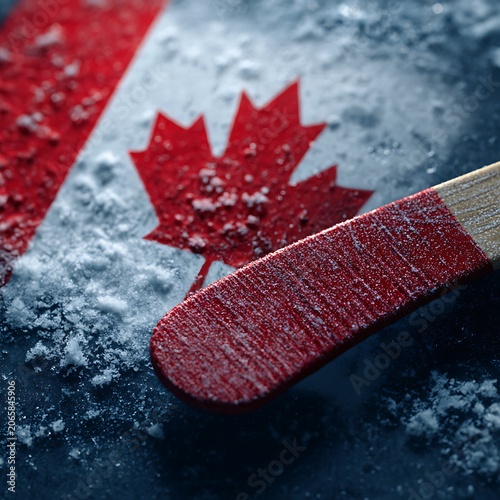 Close-up of a red hockey stick blade on ice featuring the Canadian flag with scattered ice particles, symbolizing hockey and Canadian pride.