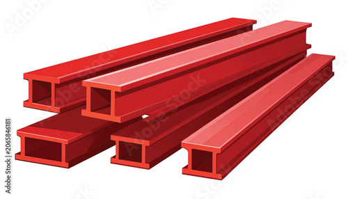 Red metal steel hollow beams stacked.