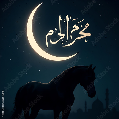 Crescent Moon and Arabic Calligraphy Over Horse Silhouette With Mosque at Night