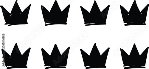 Konstfotografi Hand drawn crown icons set, black ink sketch of royal tiaras, 8 minimalist crown