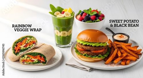 Healthy Vegan Meal: Rainbow Veggie Wrap, Burger, and Sweet Potato Fries