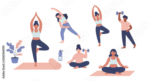 Women practicing yoga poses together outside.