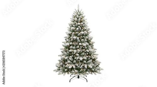 A full artificial christmas tree with green needles and white snow tips isolated on a white background, with horizontal digital, glitch lines