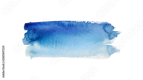 A horizontal brush stroke of vibrant blue watercolor paint on a white background, artistic texture with visible paper grain and pigment