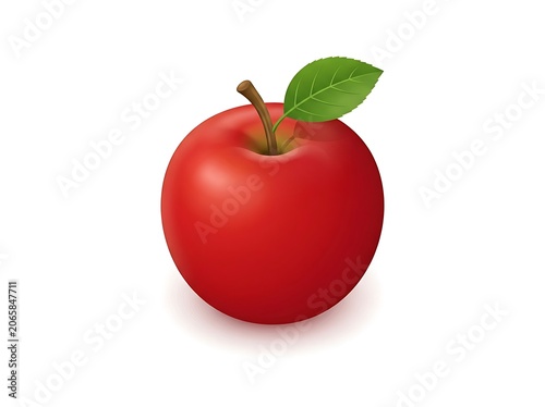 Fresh red apple with green leaf on white background.