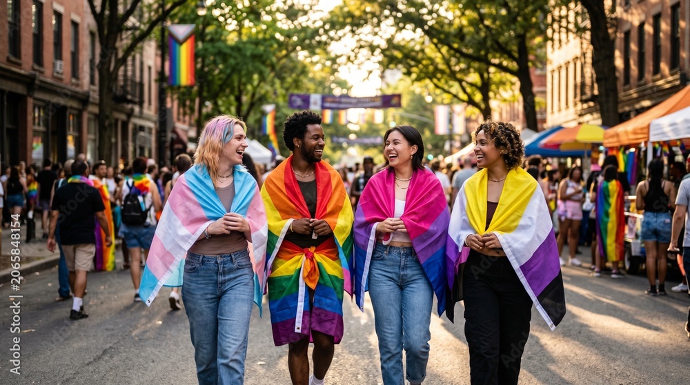 Naklejka premium Diverse young adults wearing pride flags walking through a city street festival celebrating diversity and inclusion