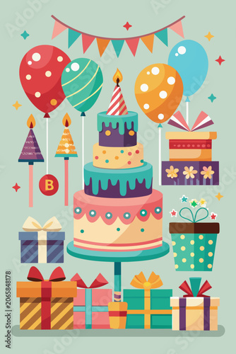Birthday posters in retro cartoon style. Festive decor: cakes, candles, balloons. Party hats, gifts, greetings and celebration postcard. Minimalist wall banners for birthdays and holiday decoration