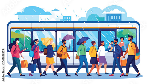 People walking with luggage and umbrellas.