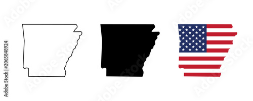 Foto Arkansas state outline, silhouette and American flag icon set