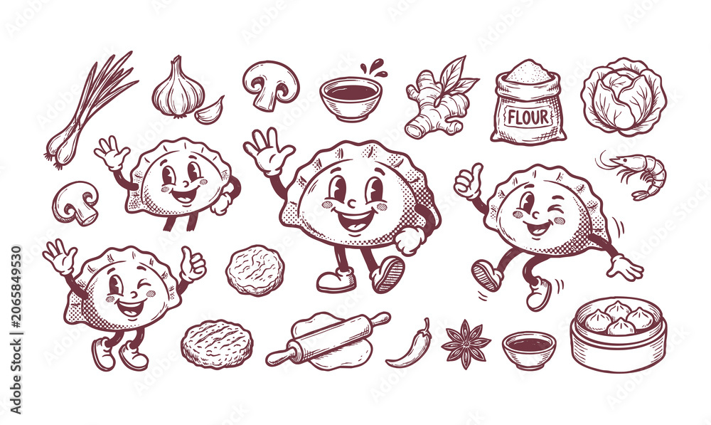 Fototapeta premium Vector rubber hose doodle set of cute dumpling mascots with ingredients elements.