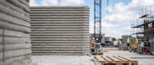 Panel kuchenny z motywem 3D printed concrete wall on active construction site with workers and crane in background