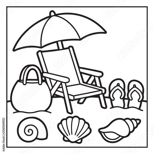 Summer Vacation Coloring Page with Beach, Camping, Picnic, Garden, Travel and Outdoor Leisure Activities – Black and White Line Art for Kids and Adults
