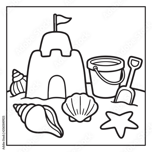 Summer Vacation Coloring Page with Beach, Camping, Picnic, Garden, Travel and Outdoor Leisure Activities – Black and White Line Art for Kids and Adults