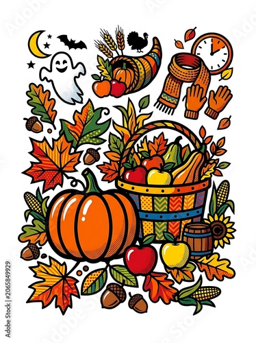 Colorful autumn harvest basket illustration.
