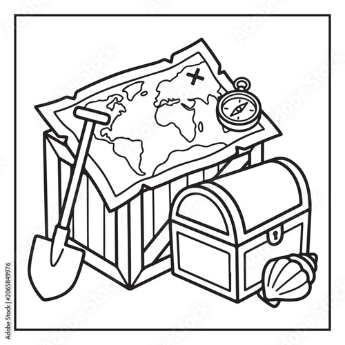 Summer Vacation Coloring Page with Beach, Camping, Picnic, Garden, Travel and Outdoor Leisure Activities – Black and White Line Art for Kids and Adults