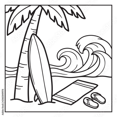 Summer Vacation Coloring Page with Beach, Camping, Picnic, Garden, Travel and Outdoor Leisure Activities – Black and White Line Art for Kids and Adults