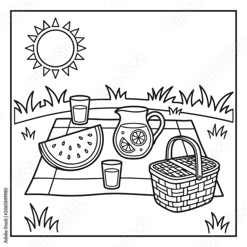 Summer Vacation Coloring Page with Beach, Camping, Picnic, Garden, Travel and Outdoor Leisure Activities – Black and White Line Art for Kids and Adults