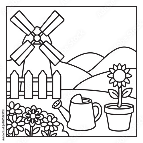 Summer Vacation Coloring Page with Beach, Camping, Picnic, Garden, Travel and Outdoor Leisure Activities – Black and White Line Art for Kids and Adults