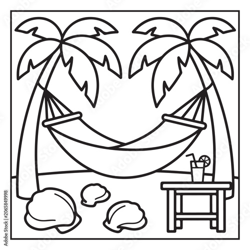 Summer Vacation Coloring Page with Beach, Camping, Picnic, Garden, Travel and Outdoor Leisure Activities – Black and White Line Art for Kids and Adults