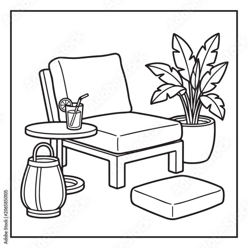 Summer Vacation Coloring Page with Beach, Camping, Picnic, Garden, Travel and Outdoor Leisure Activities – Black and White Line Art for Kids and Adults