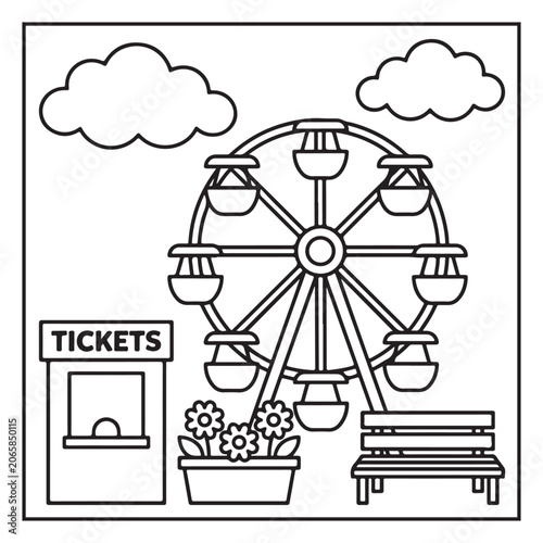 Summer Vacation Coloring Page with Beach, Camping, Picnic, Garden, Travel and Outdoor Leisure Activities – Black and White Line Art for Kids and Adults