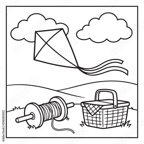 Summer Vacation Coloring Page with Beach, Camping, Picnic, Garden, Travel and Outdoor Leisure Activities – Black and White Line Art for Kids and Adults,