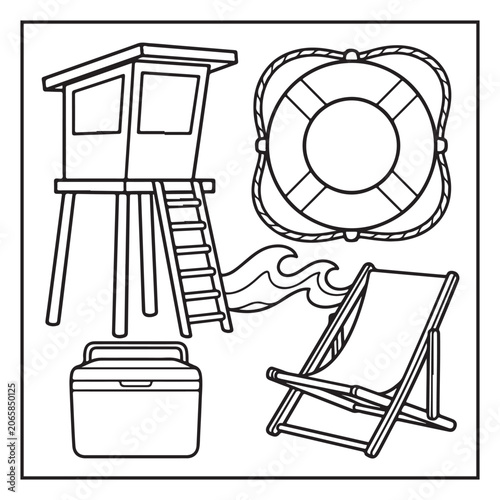 Summer Vacation Coloring Page with Beach, Camping, Picnic, Garden, Travel and Outdoor Leisure Activities – Black and White Line Art for Kids and Adults,