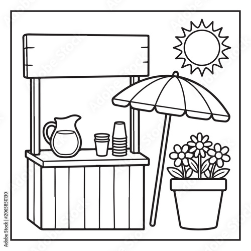 Summer Vacation Coloring Page with Beach, Camping, Picnic, Garden, Travel and Outdoor Leisure Activities – Black and White Line Art for Kids and Adults,
