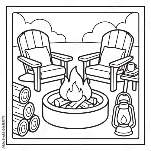 Summer Vacation Coloring Page with Beach, Camping, Picnic, Garden, Travel and Outdoor Leisure Activities – Black and White Line Art for Kids and Adults,