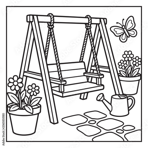 Summer Vacation Coloring Page with Beach, Camping, Picnic, Garden, Travel and Outdoor Leisure Activities – Black and White Line Art for Kids and Adults,