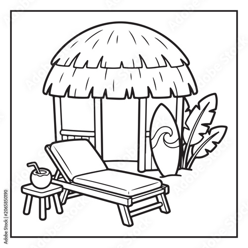 Summer Vacation Coloring Page with Beach, Camping, Picnic, Garden, Travel and Outdoor Leisure Activities – Black and White Line Art for Kids and Adults,