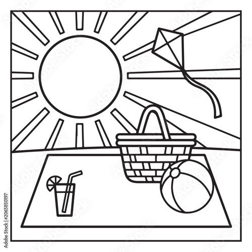 Summer Vacation Coloring Page with Beach, Camping, Picnic, Garden, Travel and Outdoor Leisure Activities – Black and White Line Art for Kids and Adults,