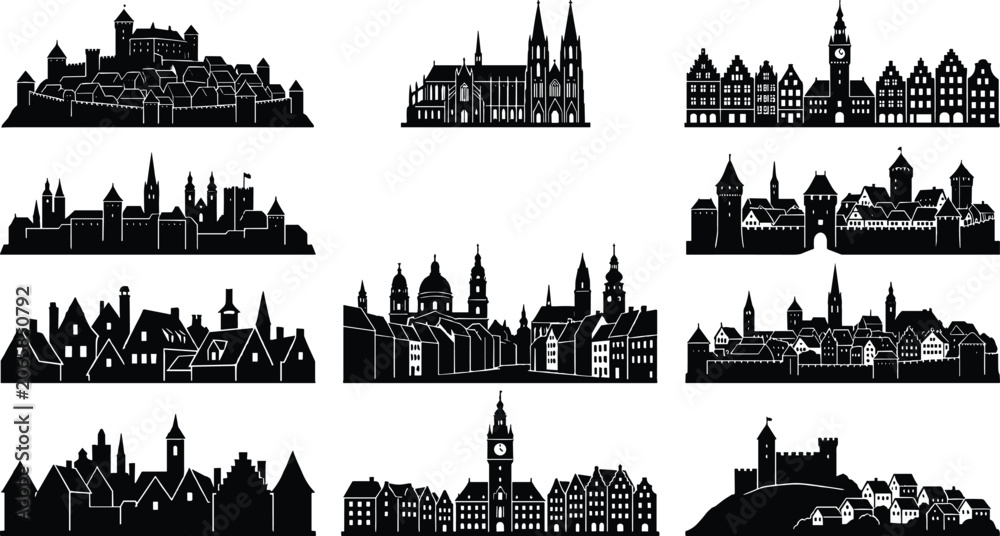 Obraz premium Medieval European Cityscape Silhouette Vector Set with Castles and Cathedrals