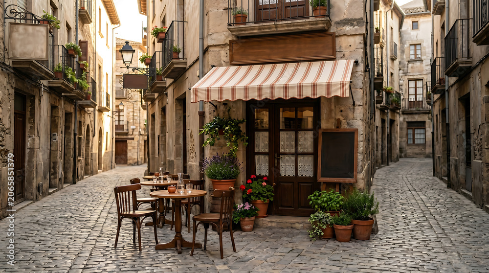 Obraz premium Charming European cafe scene, simple wooden chairs, soft shadow patterns on pavement, peaceful city corner