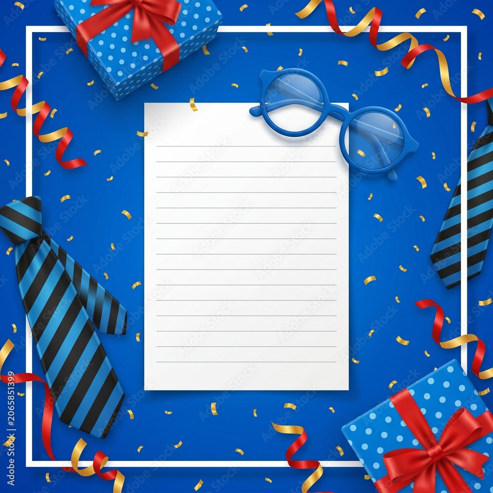 Obraz premium Father's Day Celebration: Gifts, Ties, Glasses, and Confetti on Blue Background with Lined Paper