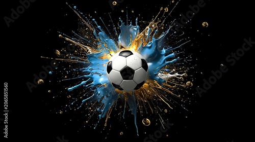 Soccer Ball Bursting Through Light Blue and Gold Paint Splash