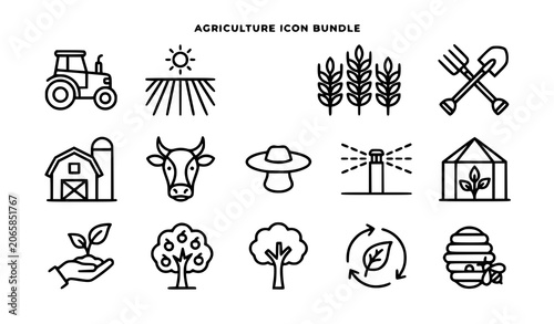 Stylized agriculture line icons vector bundle with farming equipment and crop symbols