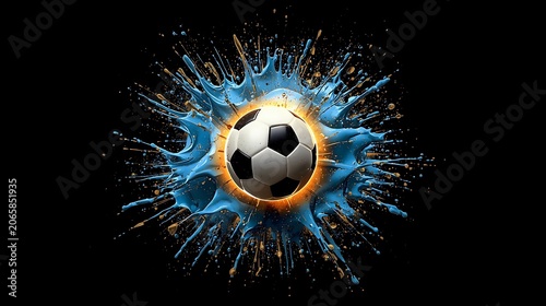 Soccer Ball Bursting Through Light Blue and Gold Paint Splash