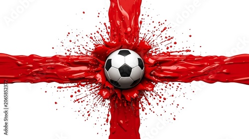 Soccer Ball Centered in Red Paint Splash England Flag Cross