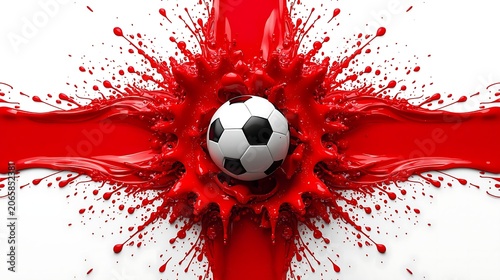 Soccer Ball Centered in Red Paint Splash England Flag Cross