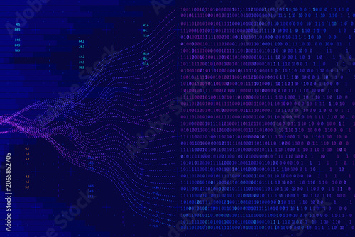 Big data analytics background with digital binary code, information matrix numbers and abstract wave streams. Cybersecurity software network, cloud computing infrastructure and fintech data science.
